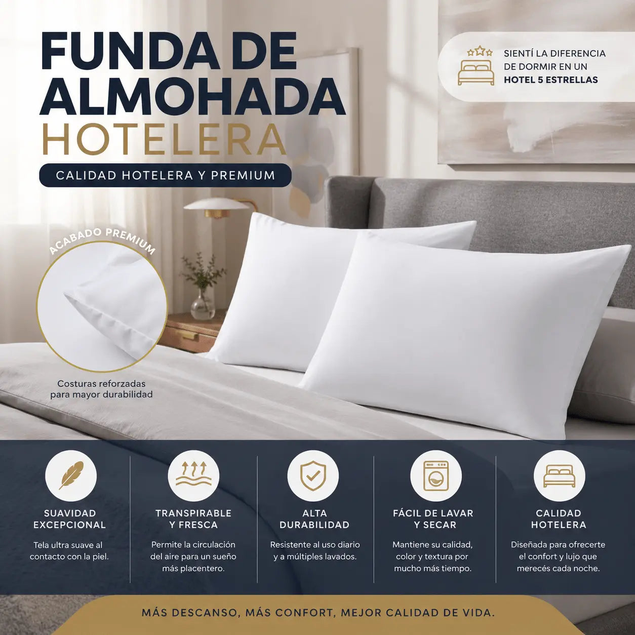 2X1 FUNDA DE ALMOHADA HOTELERA 50X70 CM