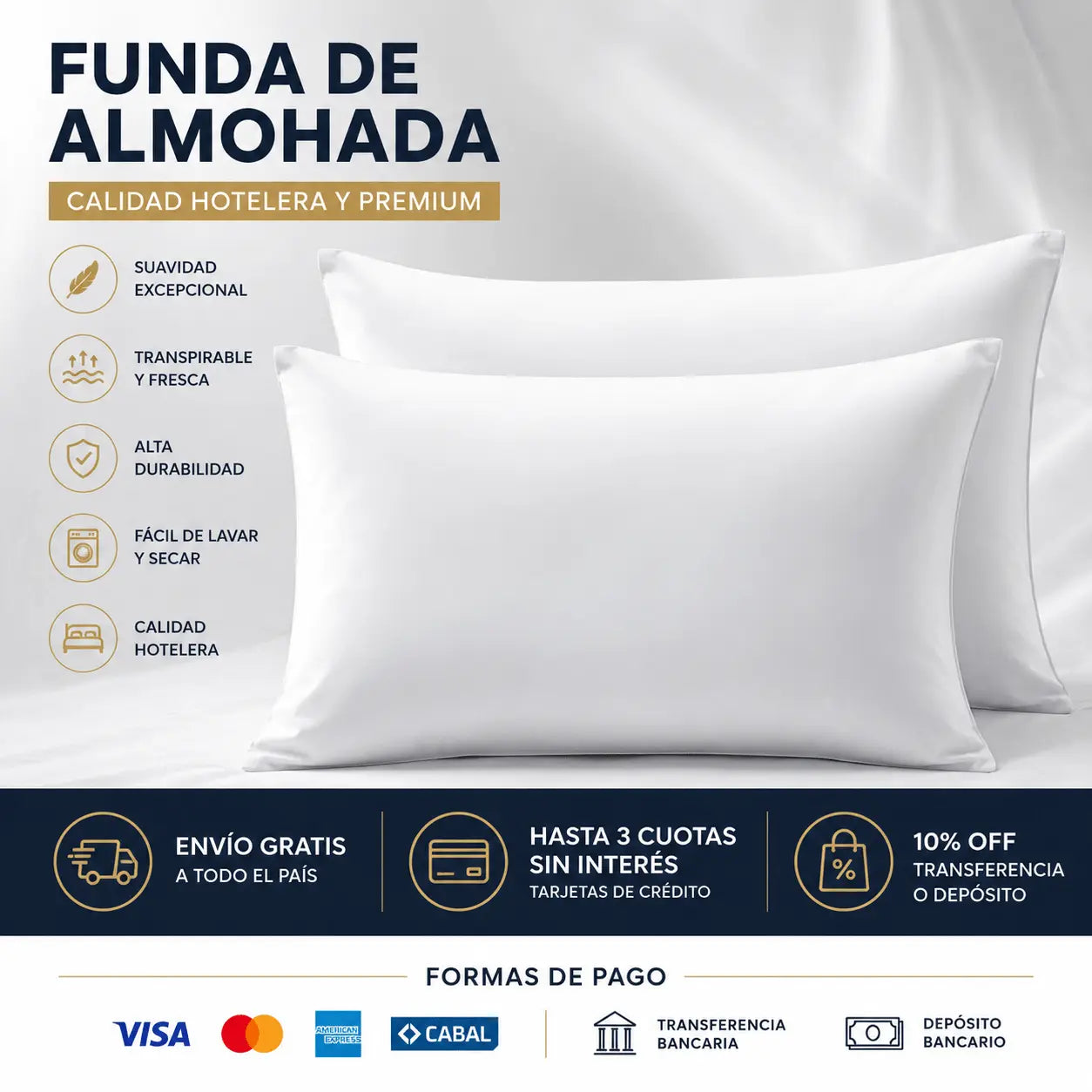2X1 FUNDA DE ALMOHADA HOTELERA 50X70 CM