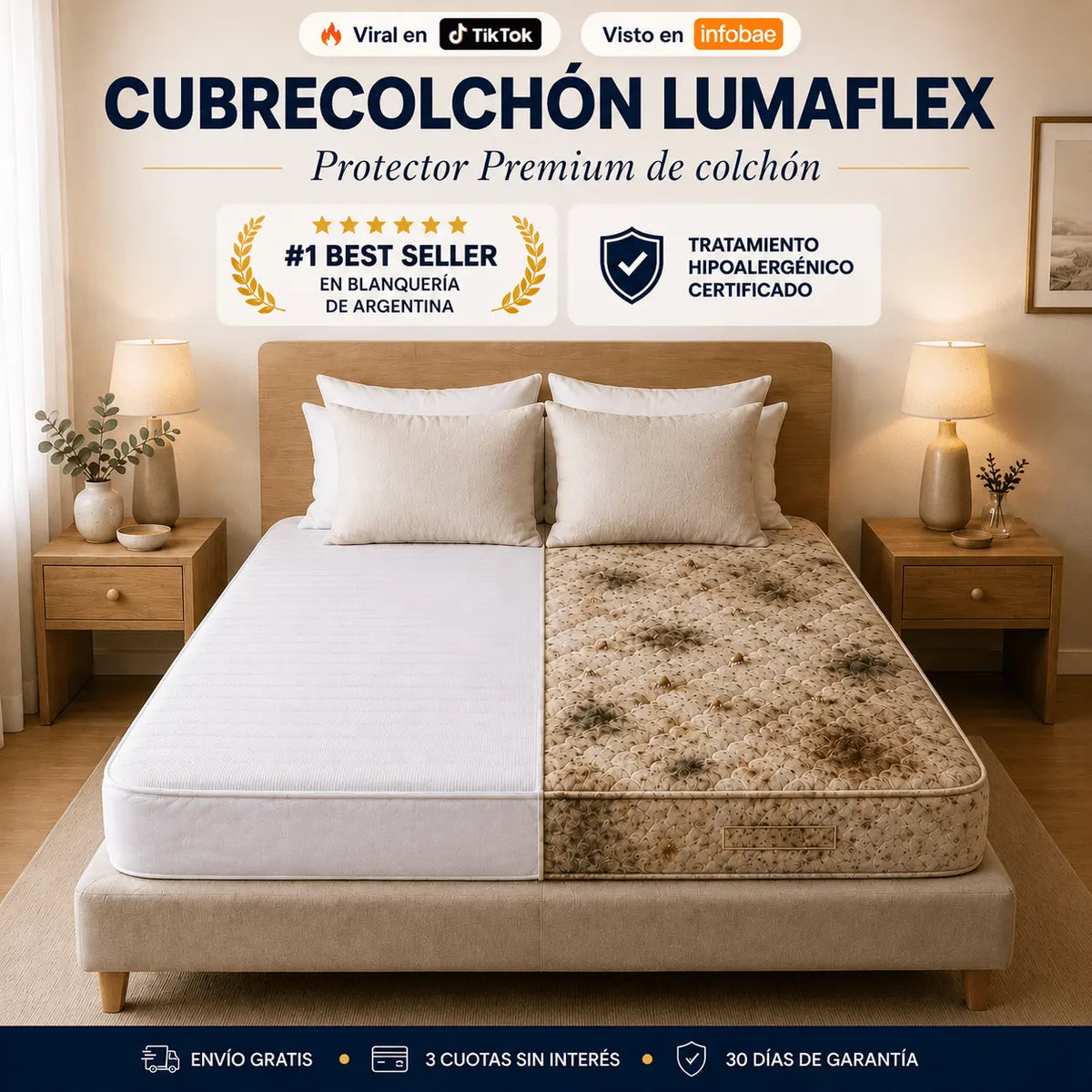 PACK 3X1 CALIDAD HOTEL™️ - CUBRECOLCHON LUMAFLEX HIPOALERGÉNICO + 2 FUNDAS DE ALMOHADA