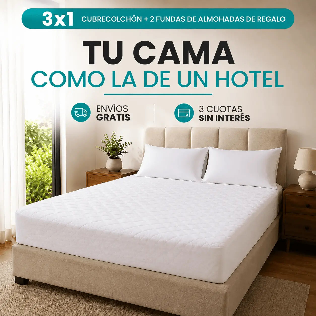 PACK 3X1 CALIDAD HOTEL LUMAFLEX™️ - CUBRECOLCHON DELUXE + 2 FUNDAS DE ALMOHADAS