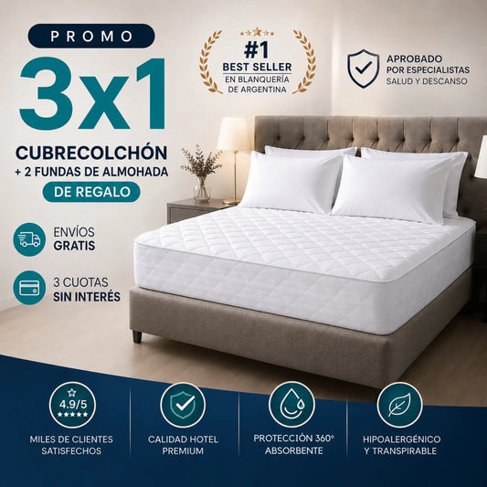 PACK 3X1 CALIDAD HOTEL LUMAFLEX™️ - CUBRECOLCHON DELUXE + 2 FUNDAS DE ALMOHADAS